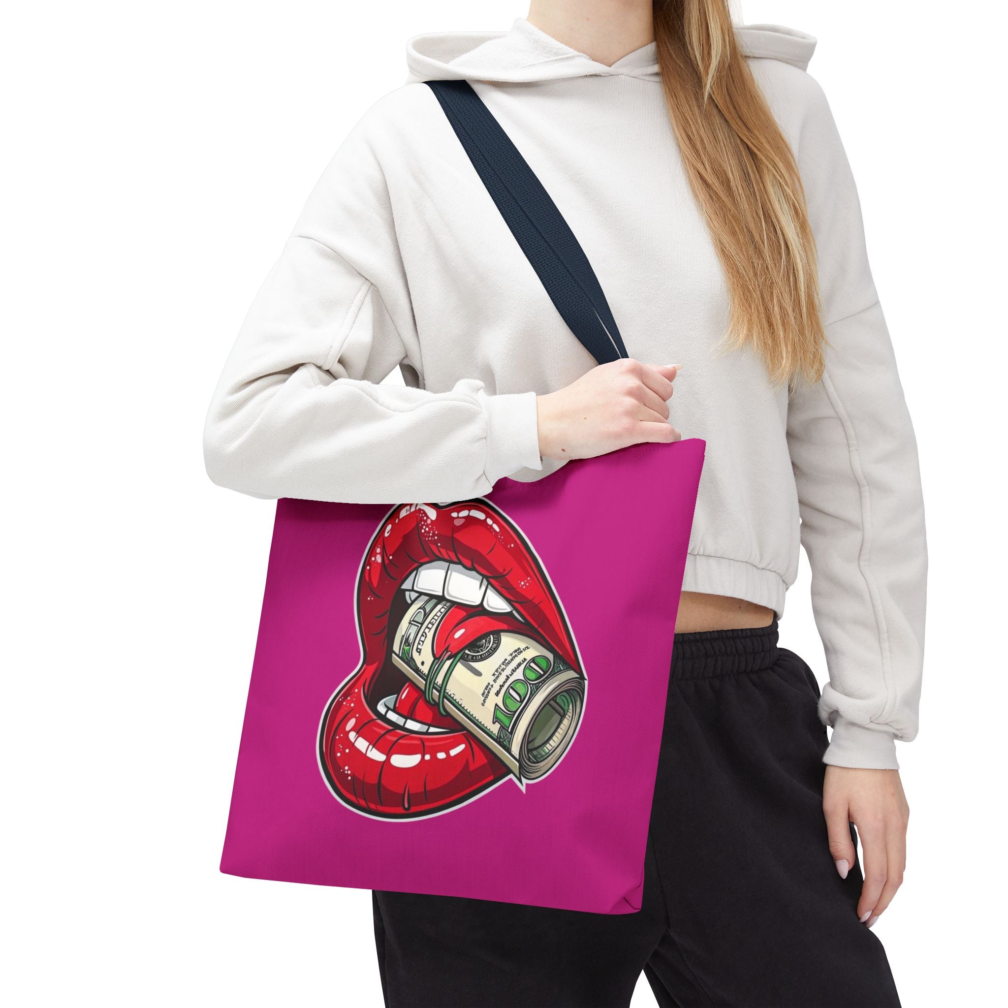 Pink Statement Tote Bag — Red Lips Holding Money Graphic