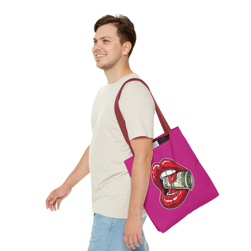 Pink Statement Tote Bag — Red Lips Holding Money Graphic