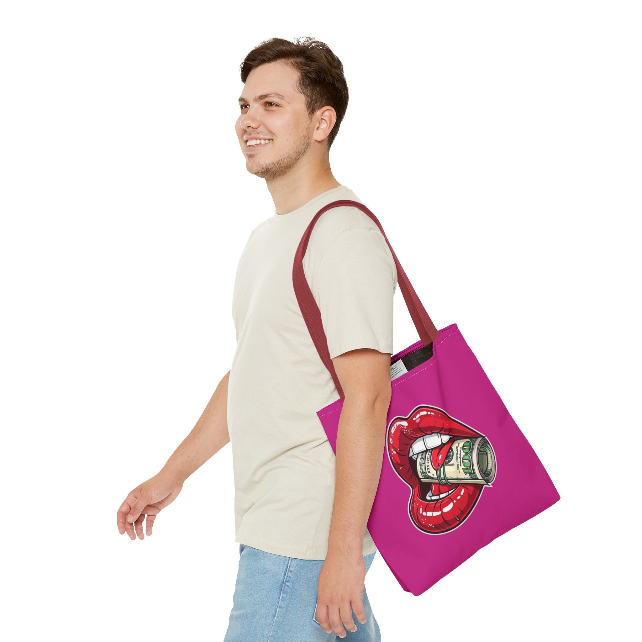 Pink Statement Tote Bag — Red Lips Holding Money Graphic