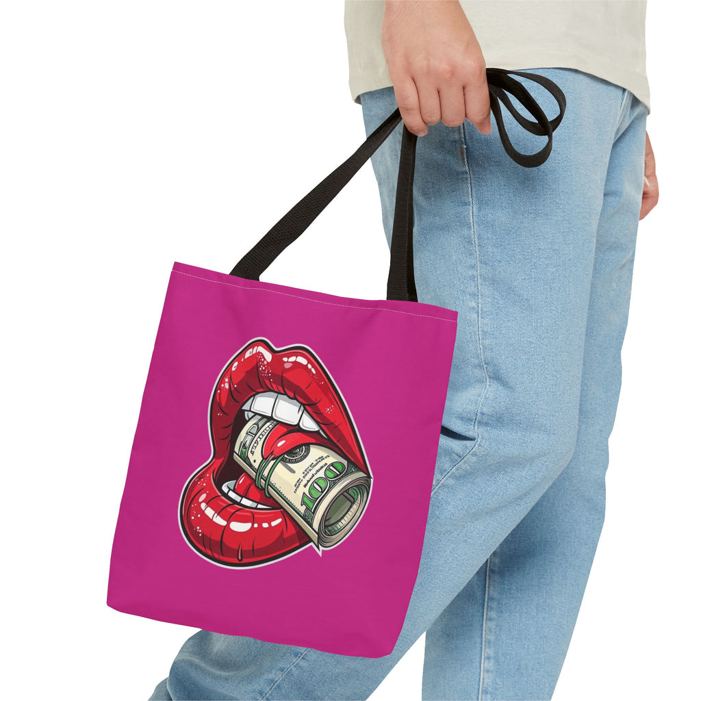 Pink Statement Tote Bag — Red Lips Holding Money Graphic