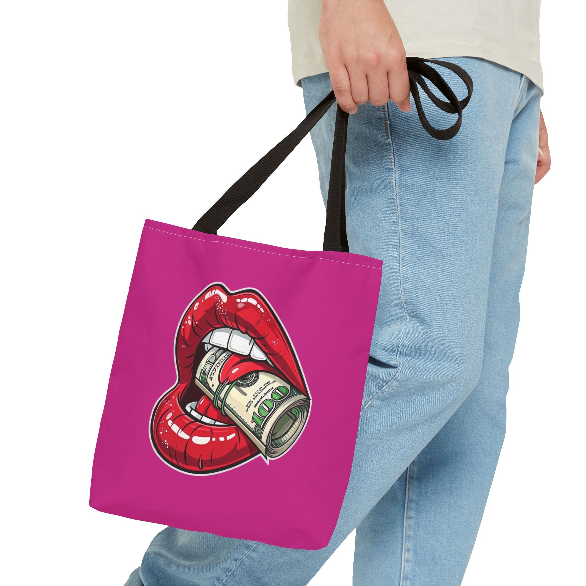 Pink Statement Tote Bag — Red Lips Holding Money Graphic