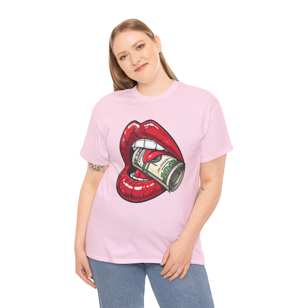 Red Glossy Lips with Rolled Dollar Tee | Money Mouth Graphic Shirt