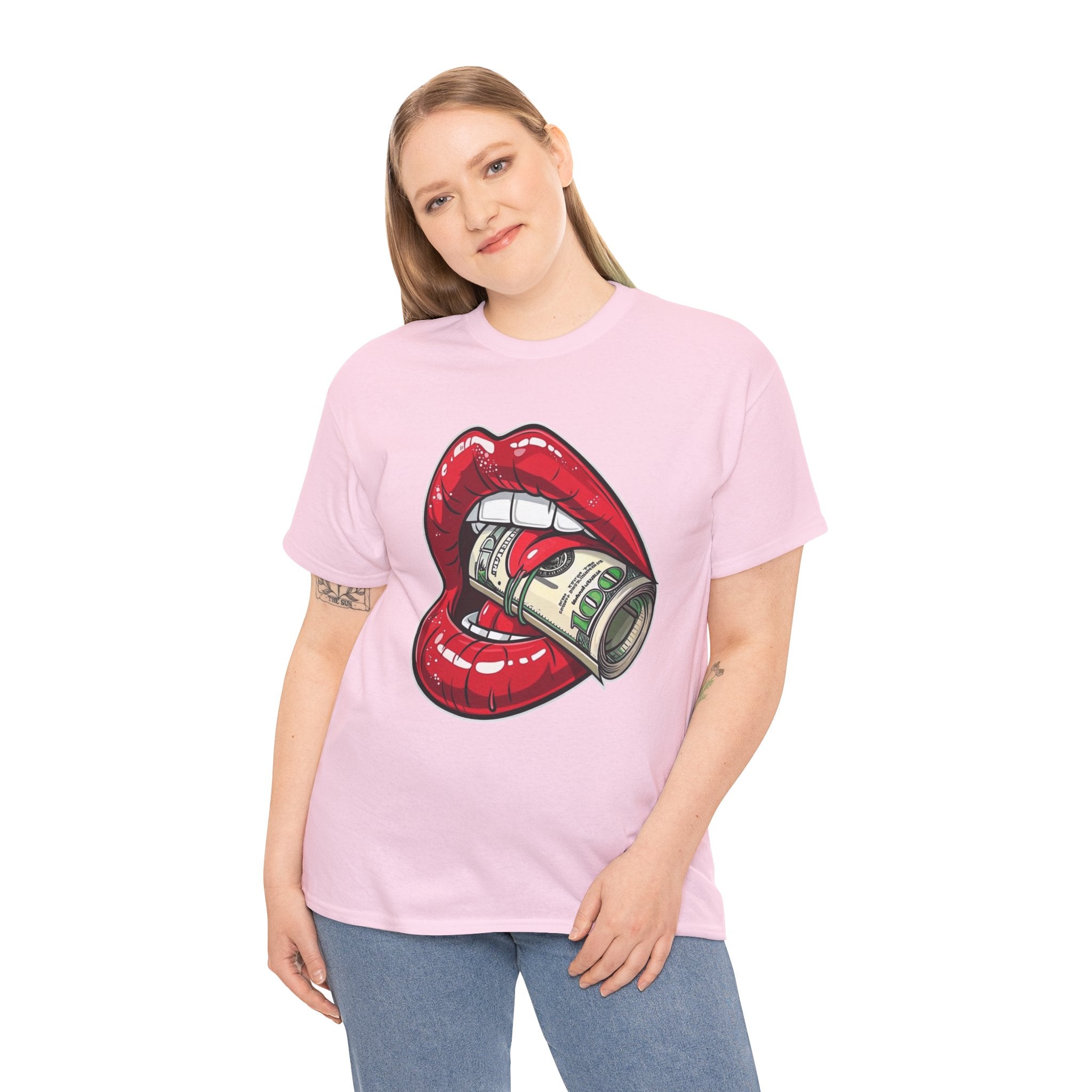 Red Glossy Lips with Rolled Dollar Tee | Money Mouth Graphic Shirt