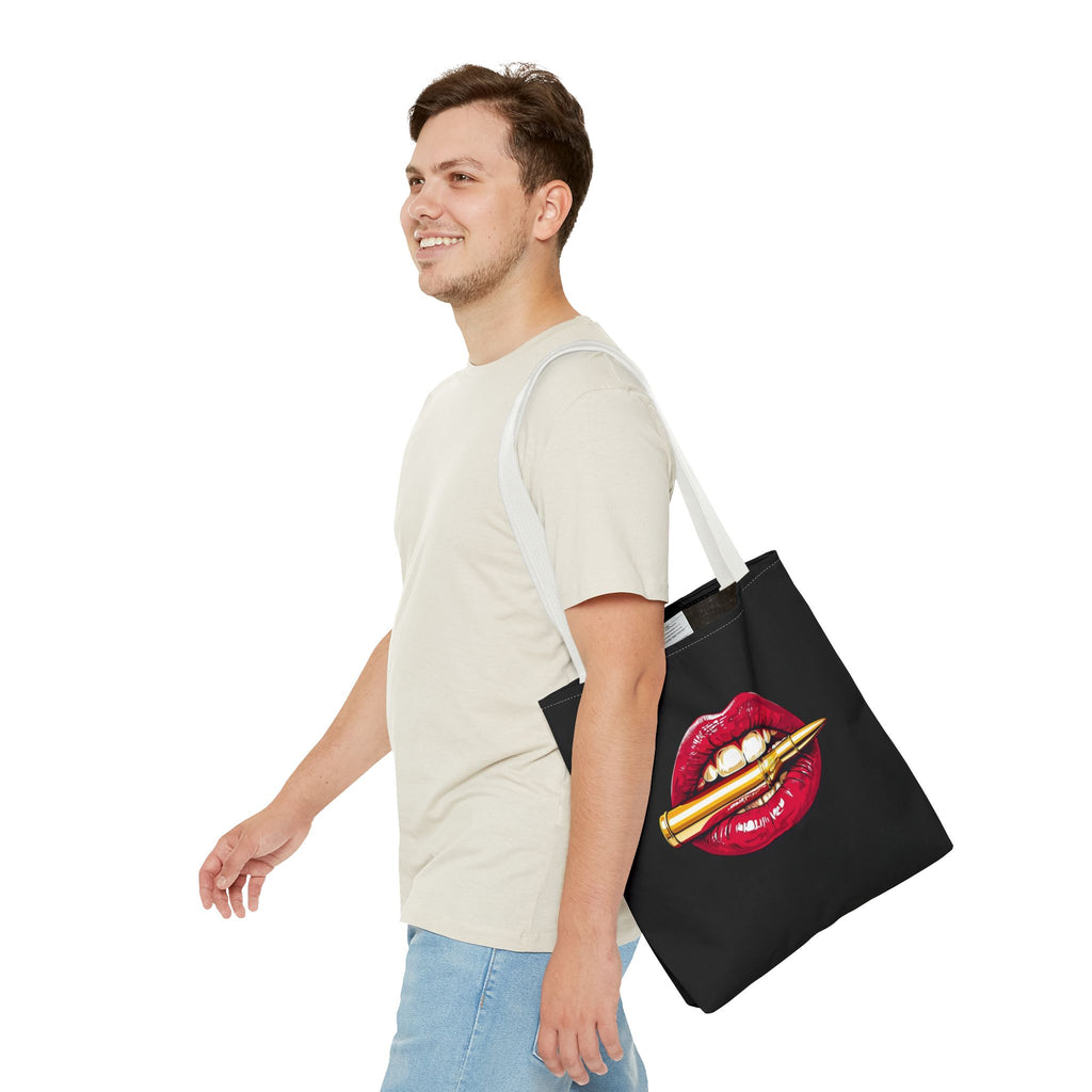 Bullet Bite Tote Bag – Edgy Red Lip Art Tote