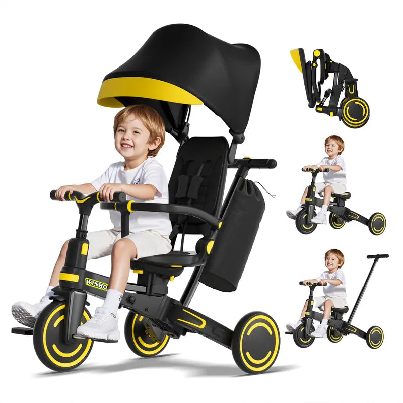 9-in-1 Toddler Tricycle | Anti-Tip Chassis + Easy Folding | Shock-Absorbing PU Wheels