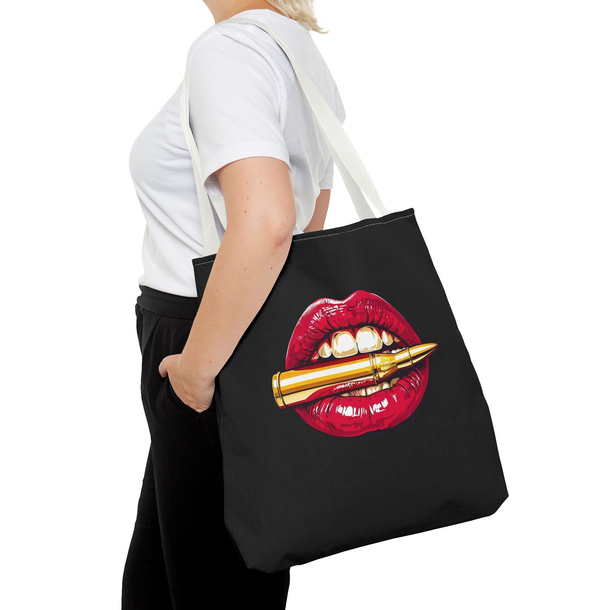 Bullet Bite Tote Bag – Edgy Red Lip Art Tote