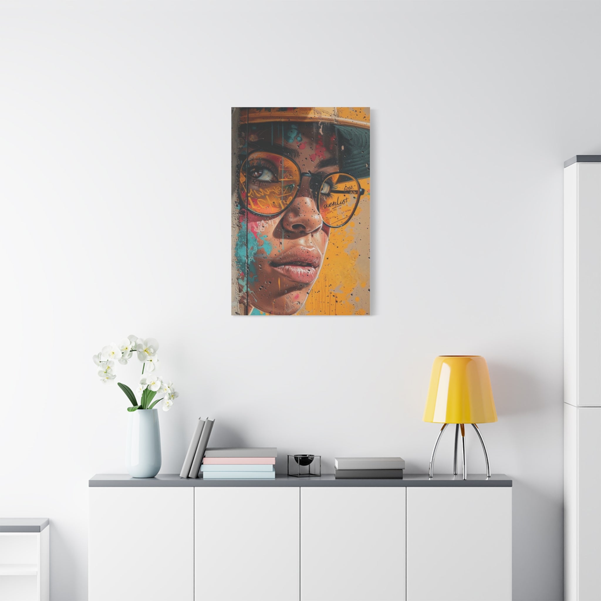 Portrait Canvas Print — Colorful Urban Woman with Glasses Matte Stretched Wall Art