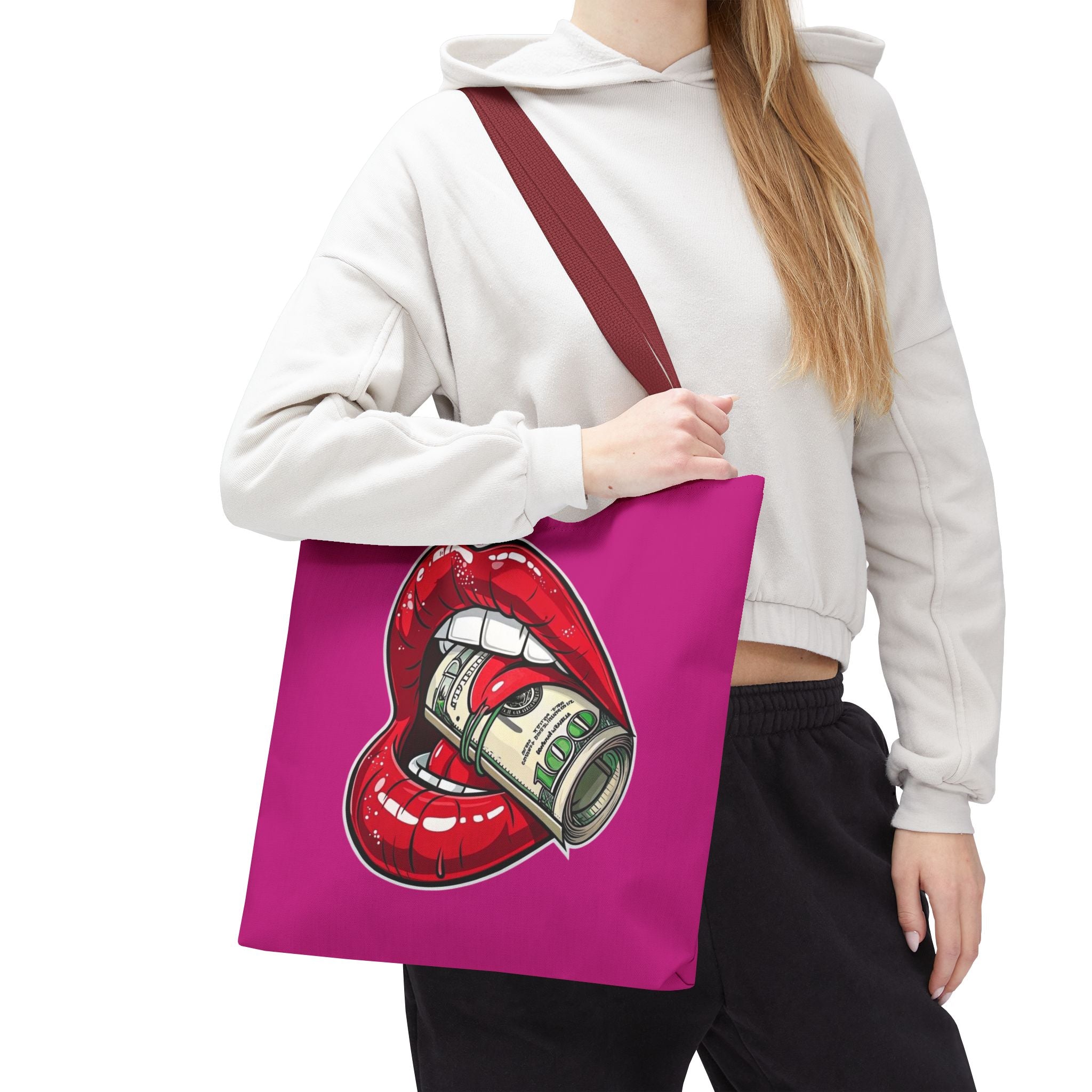 Pink Statement Tote Bag — Red Lips Holding Money Graphic