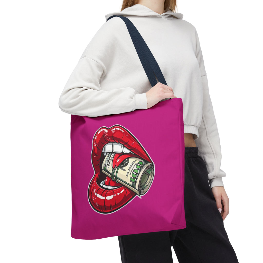 Pink Statement Tote Bag — Red Lips Holding Money Graphic