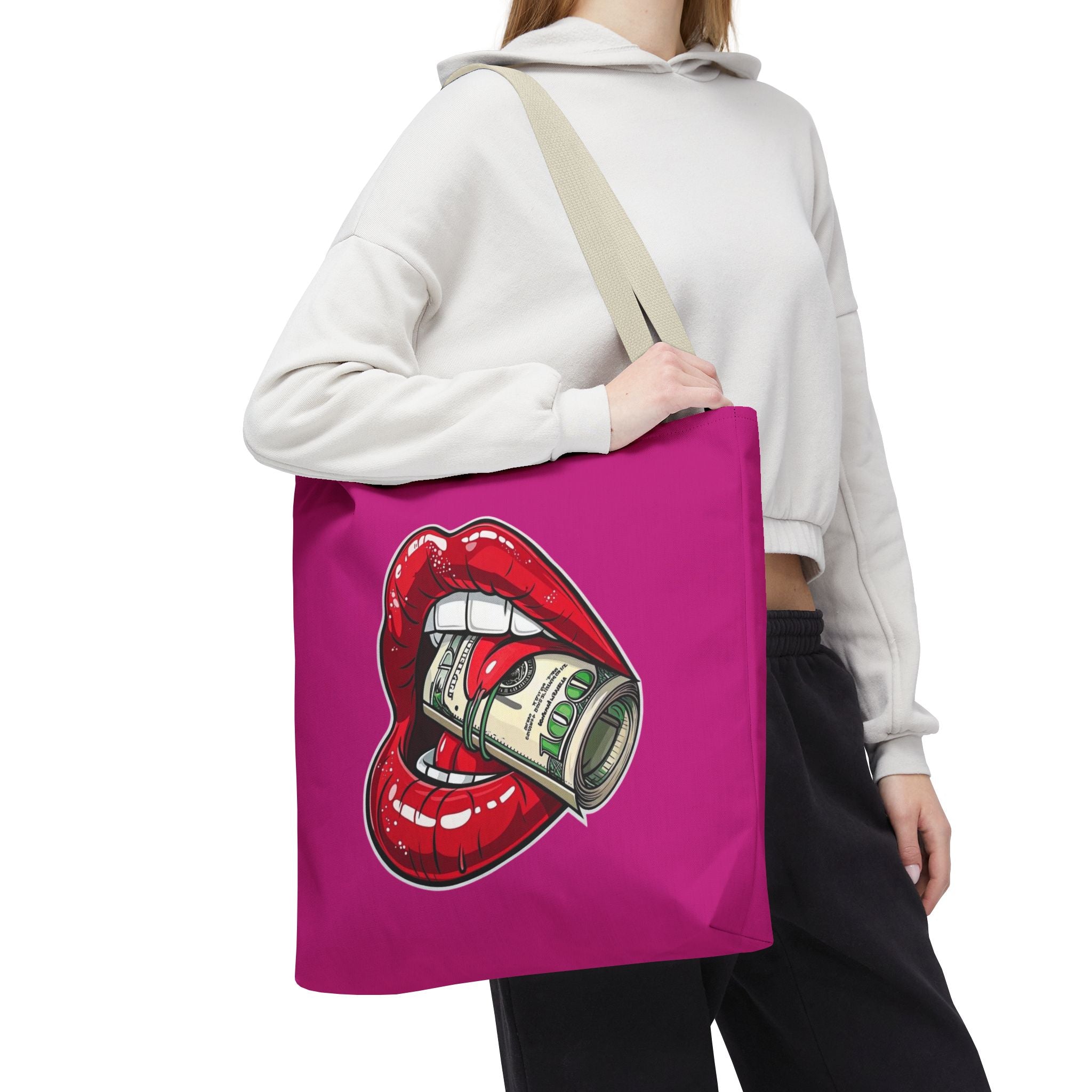 Pink Statement Tote Bag — Red Lips Holding Money Graphic