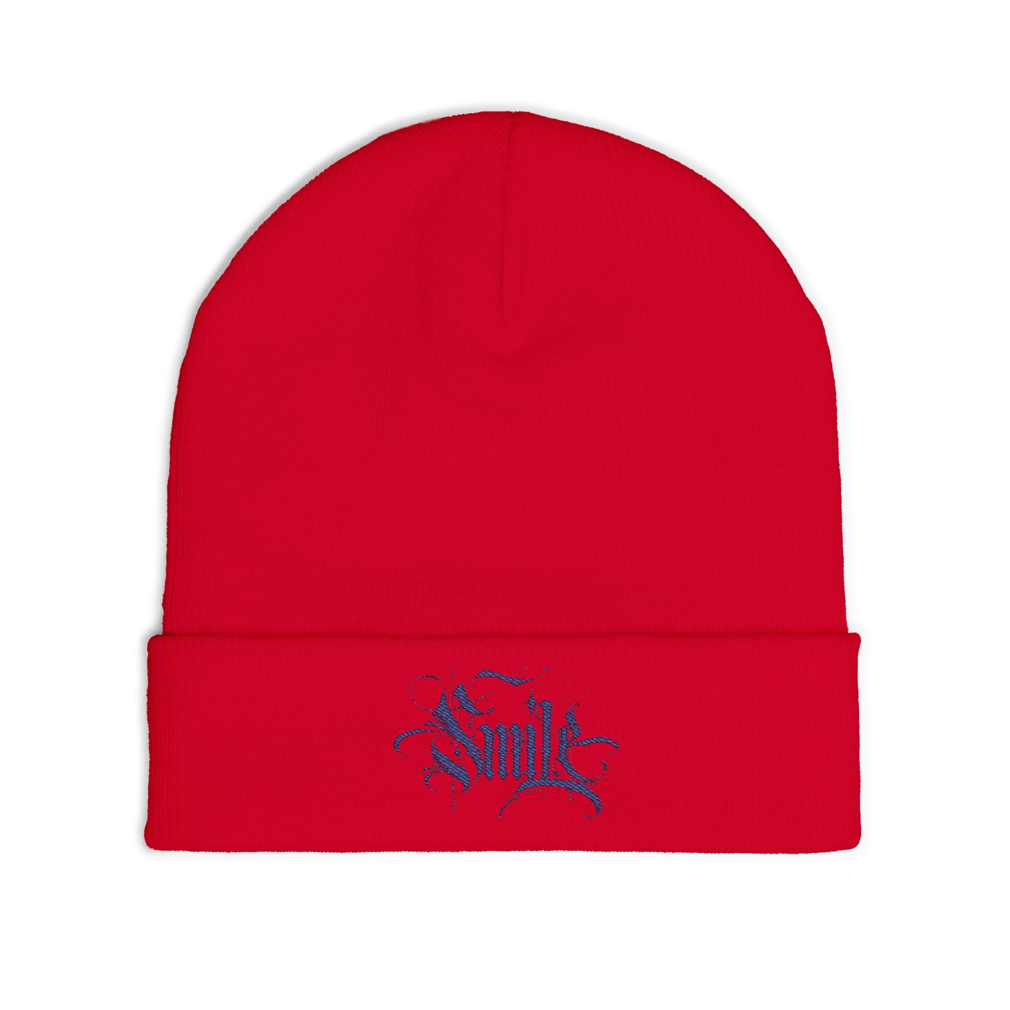 Embroidered 'Smile' Knit Beanie — Gothic Script Winter Hat