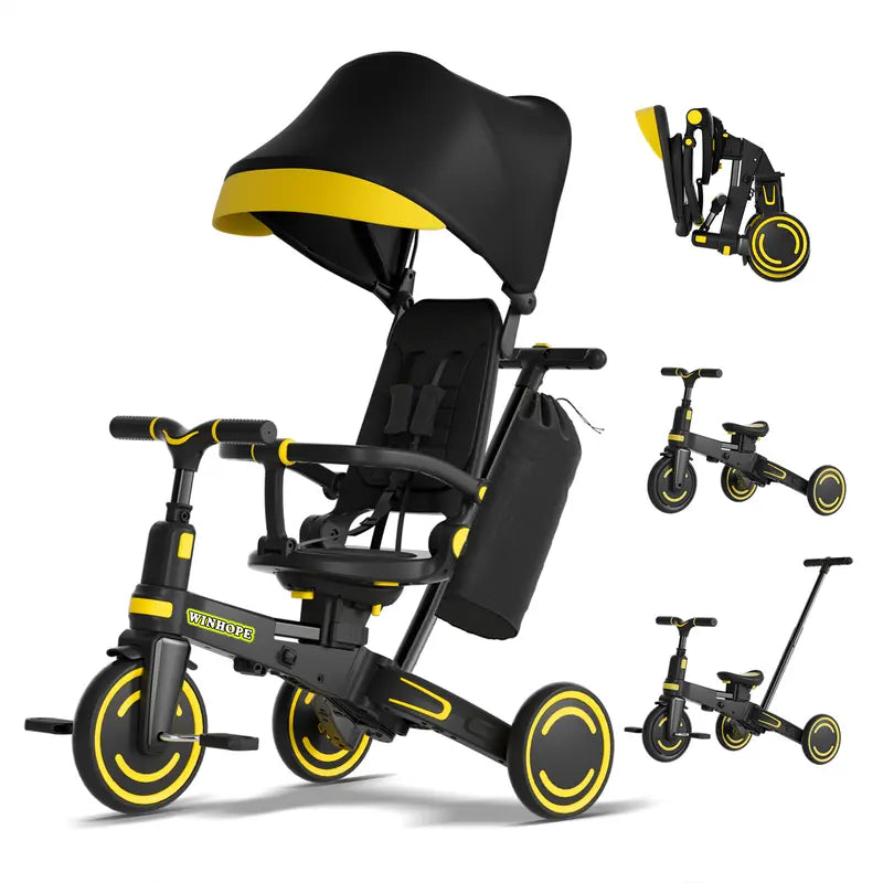 9-in-1 Toddler Tricycle | Anti-Tip Chassis + Easy Folding | Shock-Absorbing PU Wheels