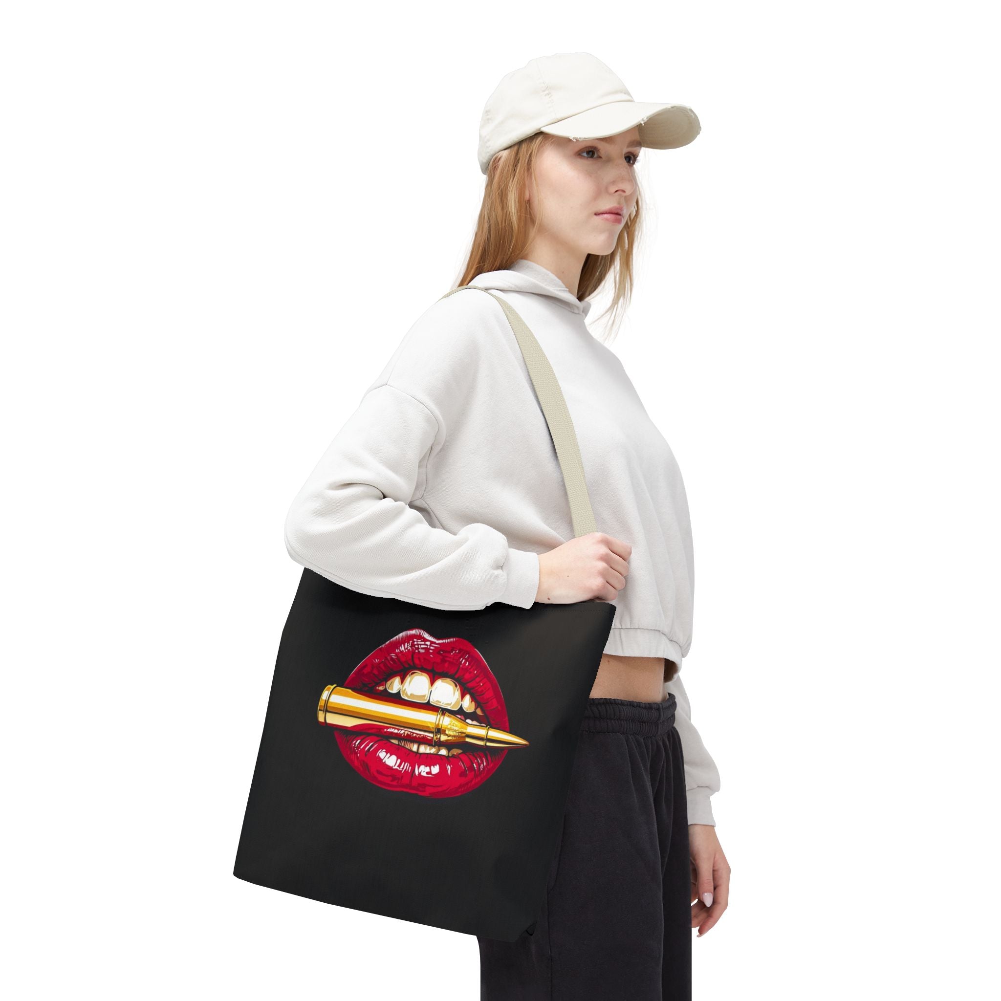 Bullet Bite Tote Bag – Edgy Red Lip Art Tote