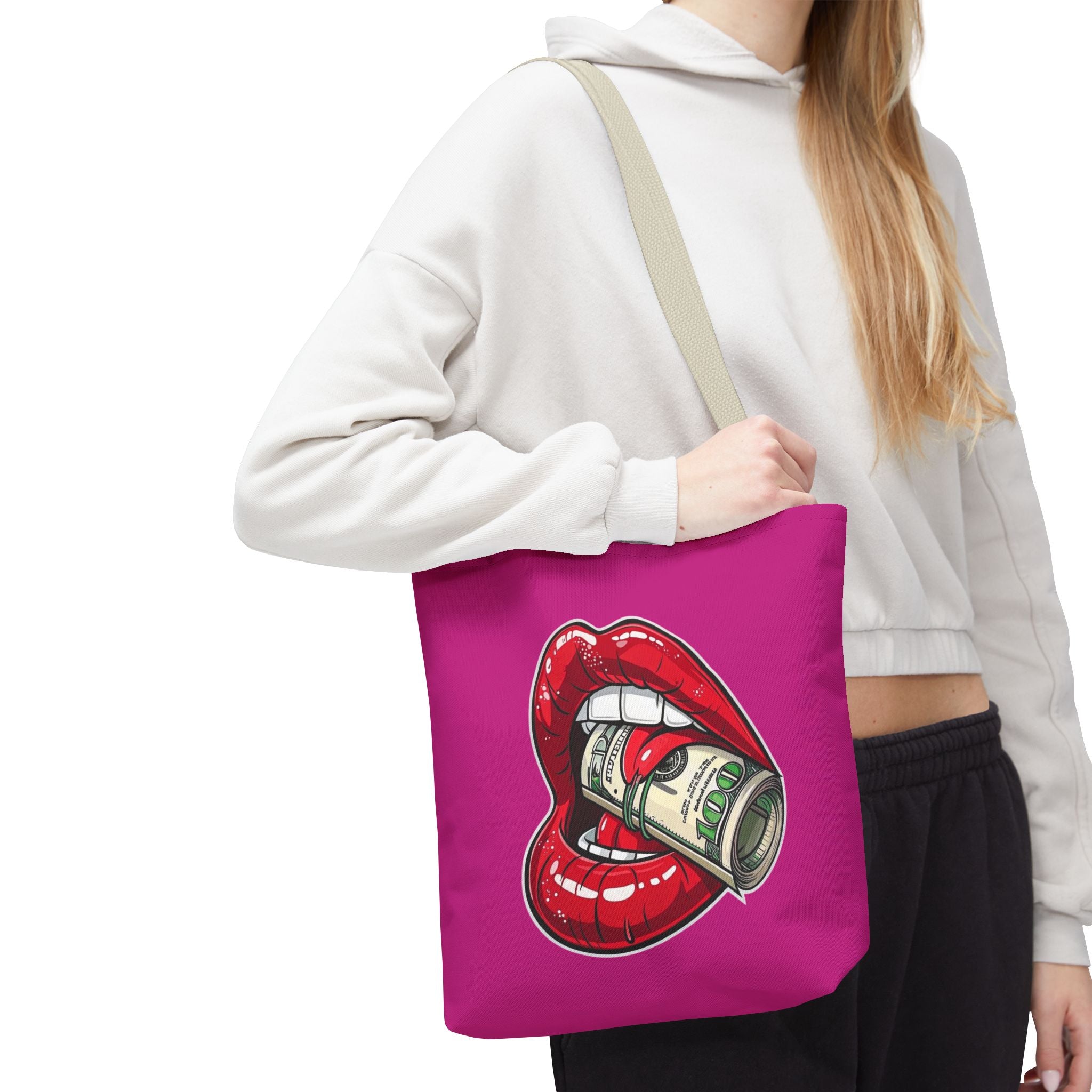 Pink Statement Tote Bag — Red Lips Holding Money Graphic