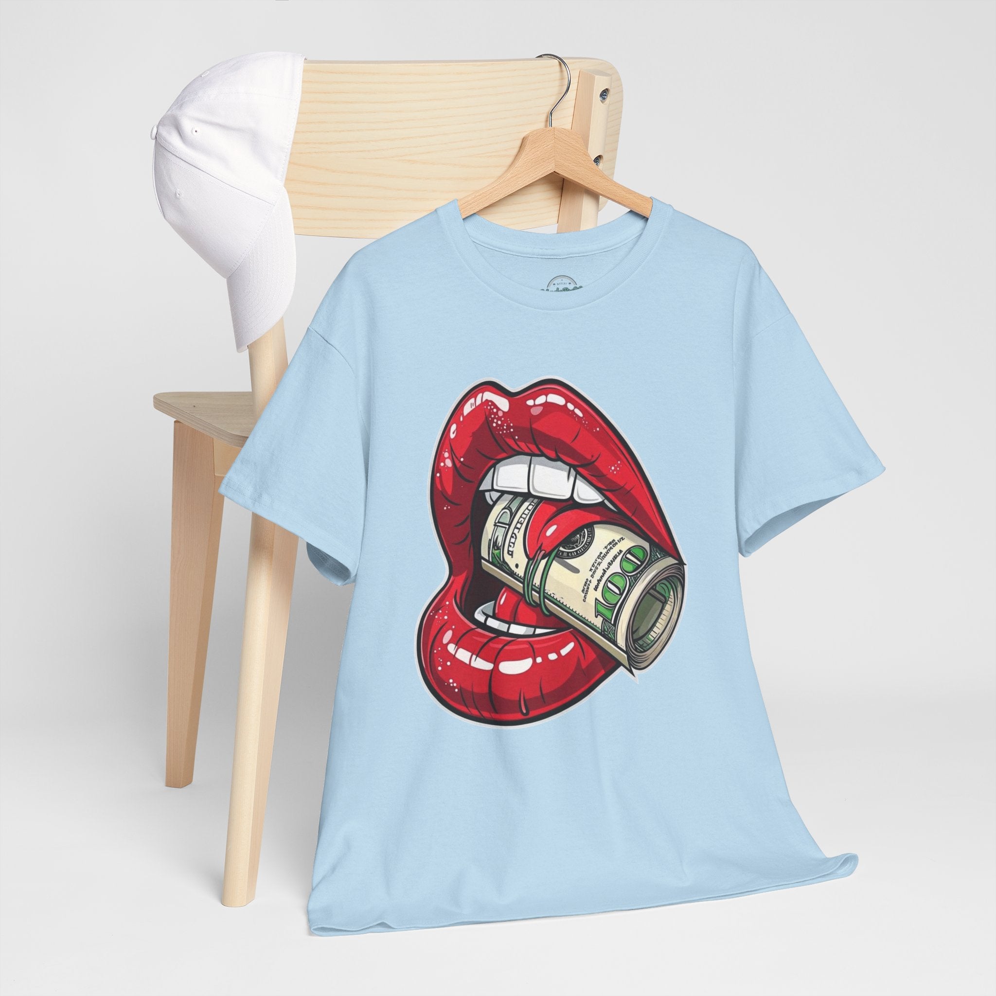 Red Glossy Lips with Rolled Dollar Tee | Money Mouth Graphic Shirt