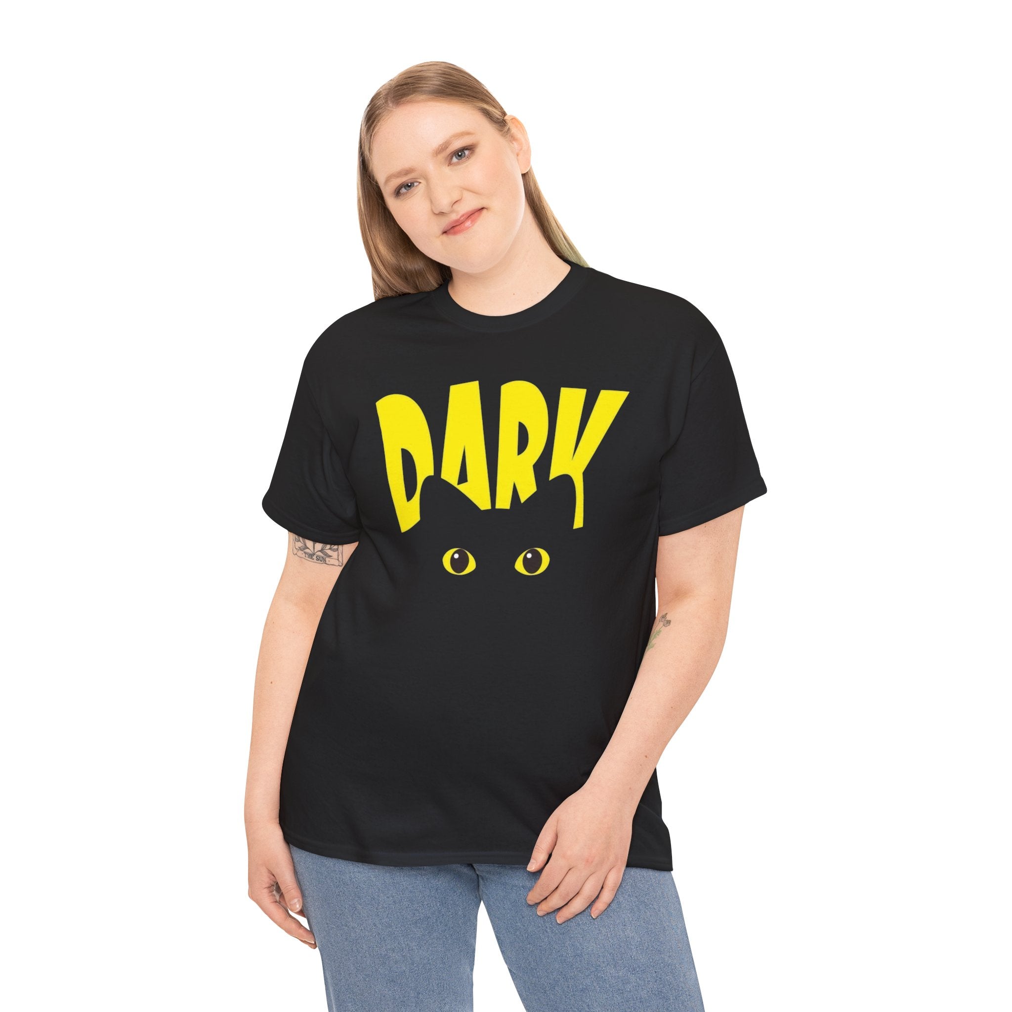 Dark Cat Tee — Yellow 'DARK' Drip Design with Cat Eyes (Halloween & Goth Shirt)