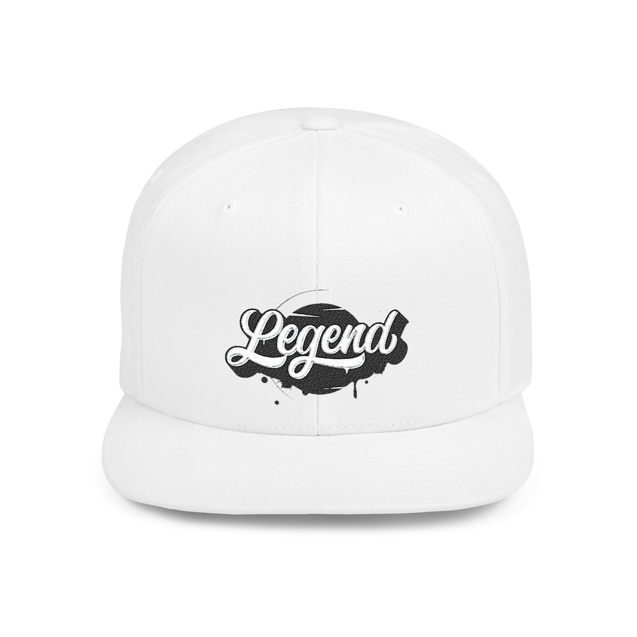 Legend Snapback Hat — White Flat-Bill Baseball Cap with Script Logo