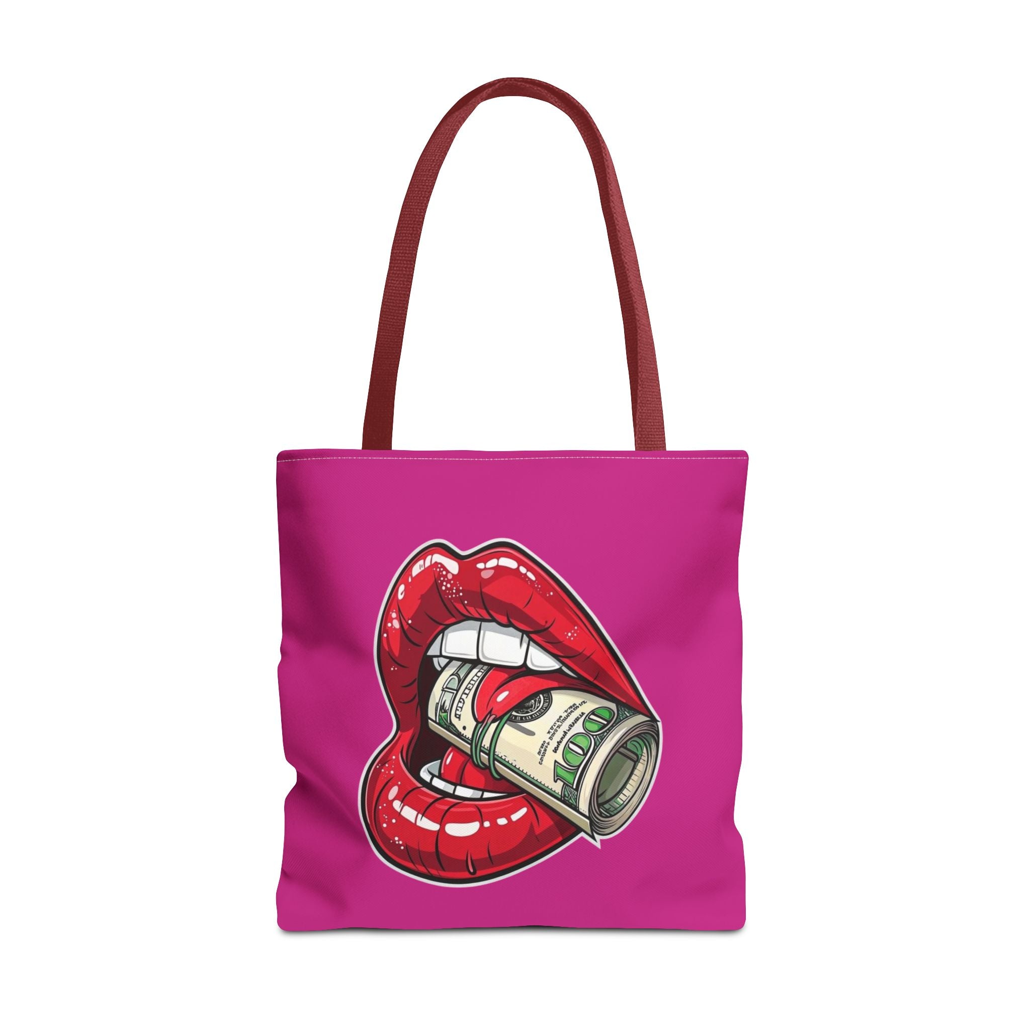 Pink Statement Tote Bag — Red Lips Holding Money Graphic