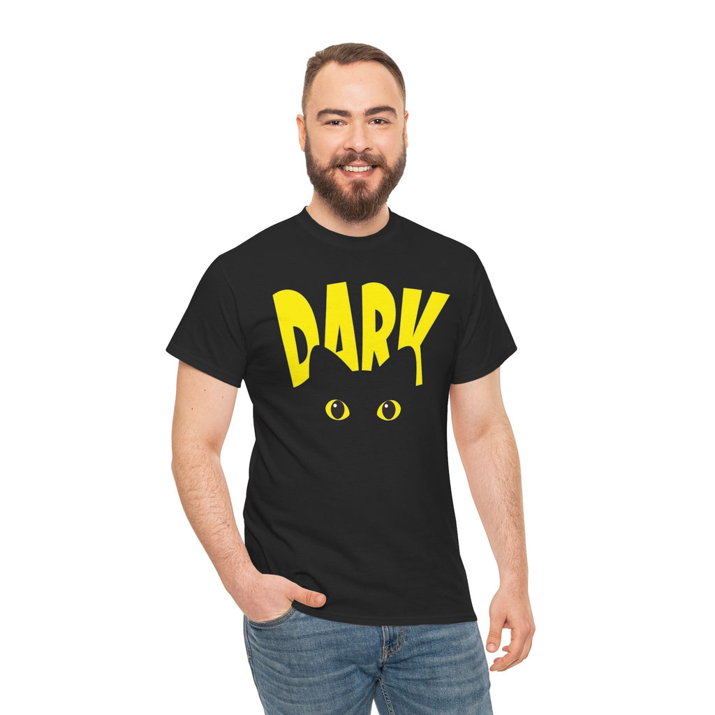 Dark Cat Tee — Yellow 'DARK' Drip Design with Cat Eyes (Halloween & Goth Shirt)