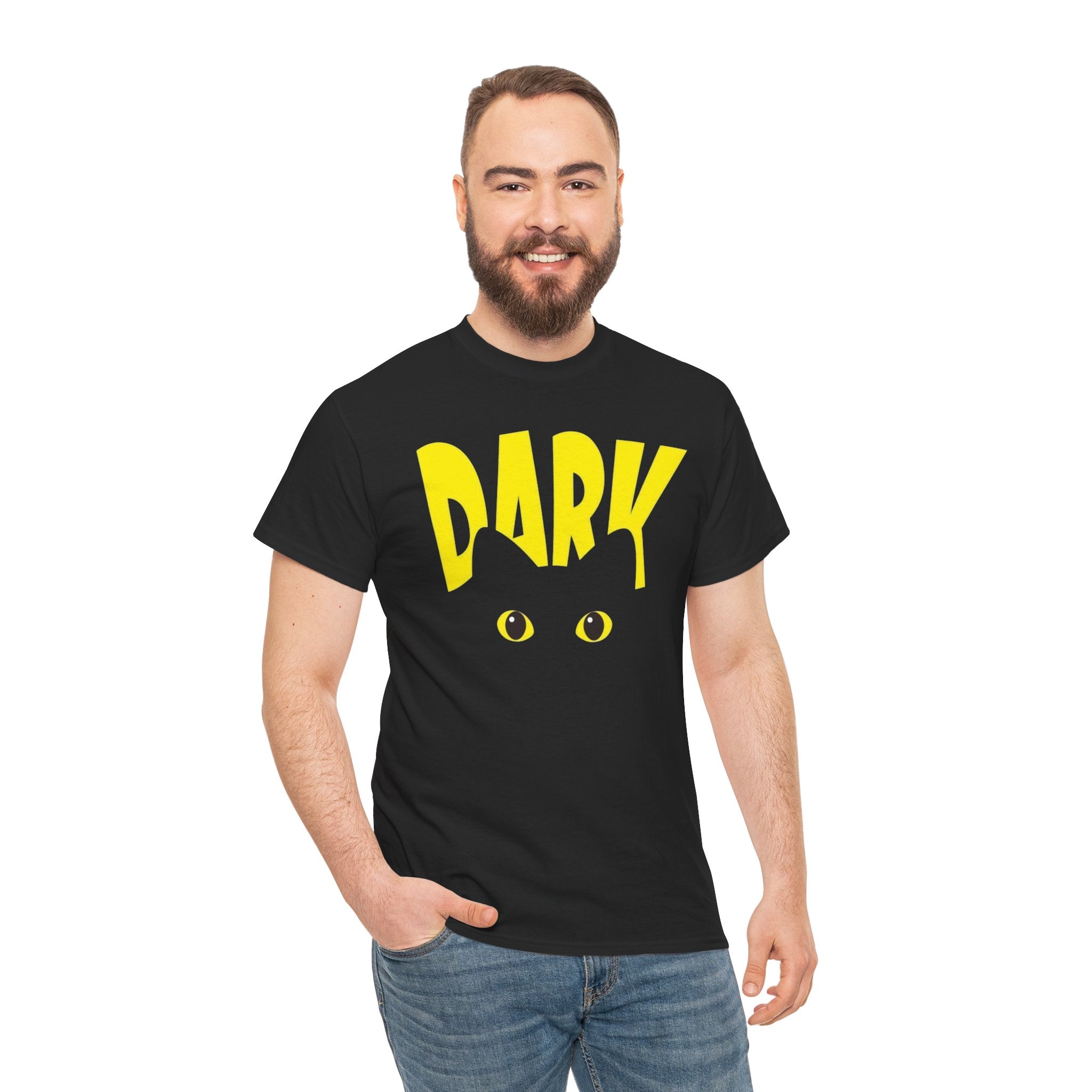 Dark Cat Tee — Yellow 'DARK' Drip Design with Cat Eyes (Halloween & Goth Shirt)