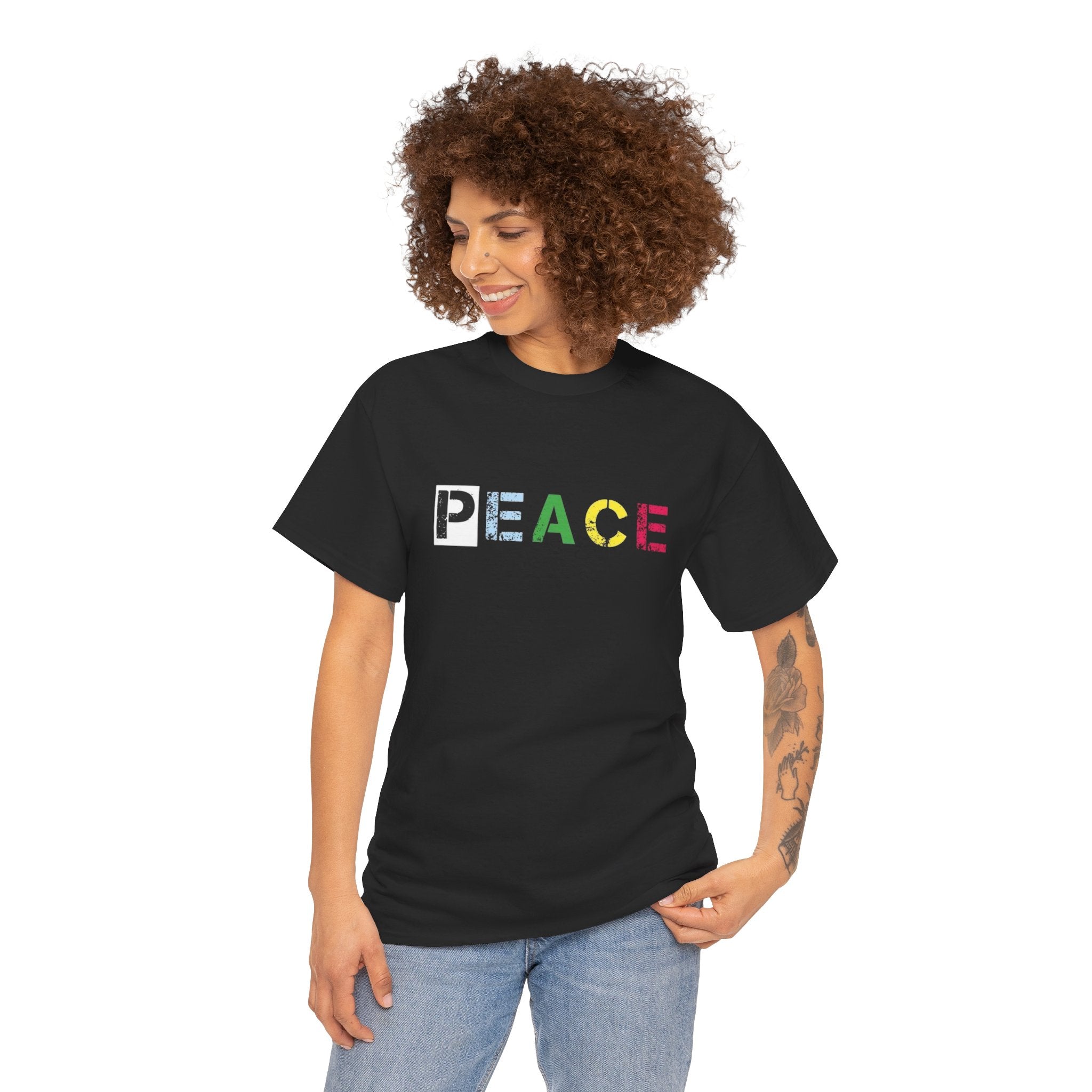 Peace Rainbow Tee — Minimalist Colorful PEACE Graphic T-Shirt