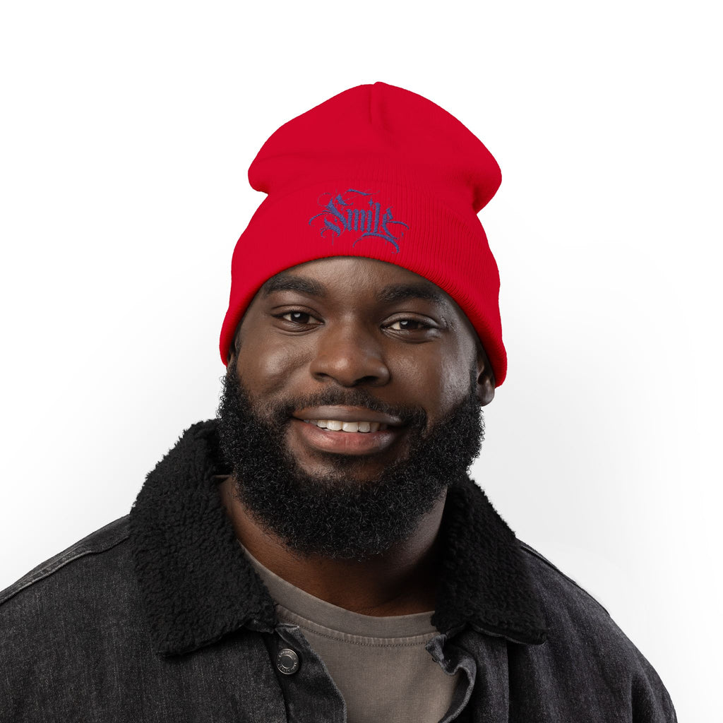Embroidered 'Smile' Knit Beanie — Gothic Script Winter Hat