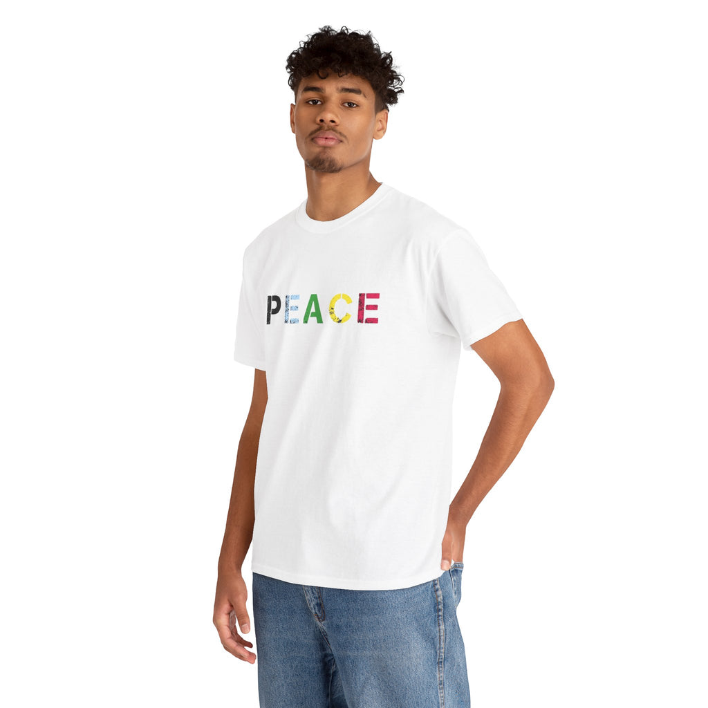 Peace Rainbow Tee — Minimalist Colorful PEACE Graphic T-Shirt