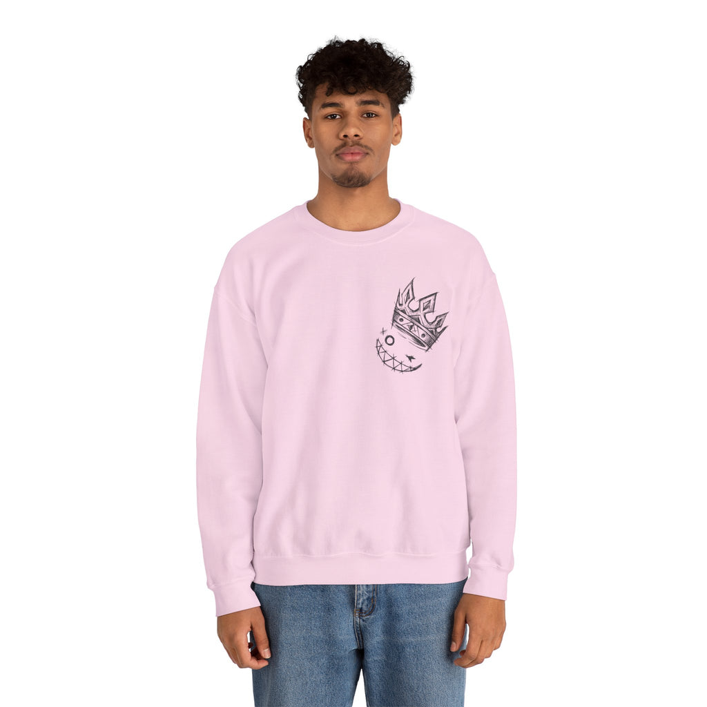 Crowned Grin Crewneck Sweatshirt — Sketch Crown Smile Graphic