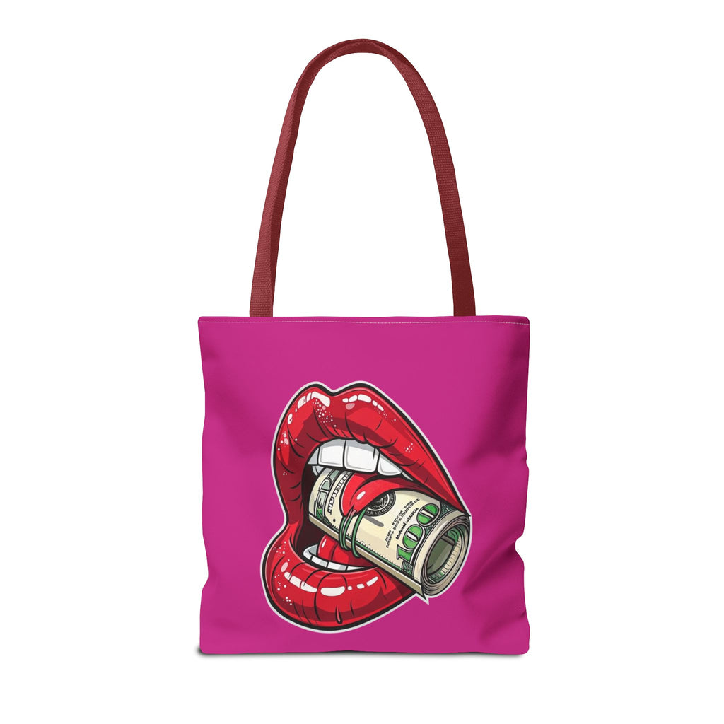 Pink Statement Tote Bag — Red Lips Holding Money Graphic