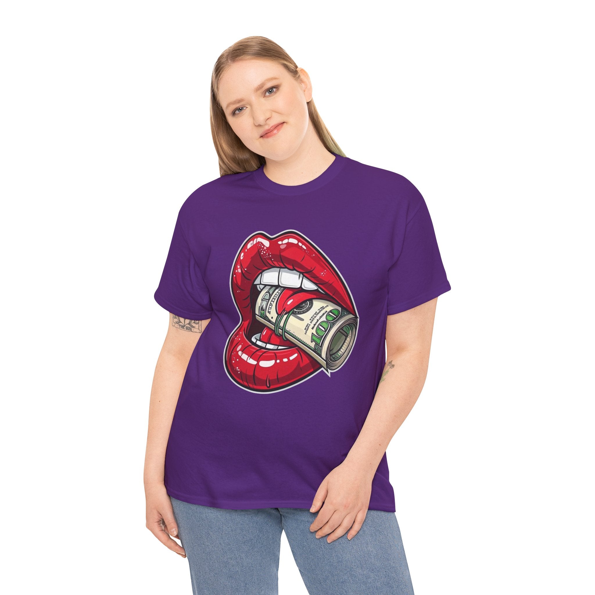 Red Glossy Lips with Rolled Dollar Tee | Money Mouth Graphic Shirt
