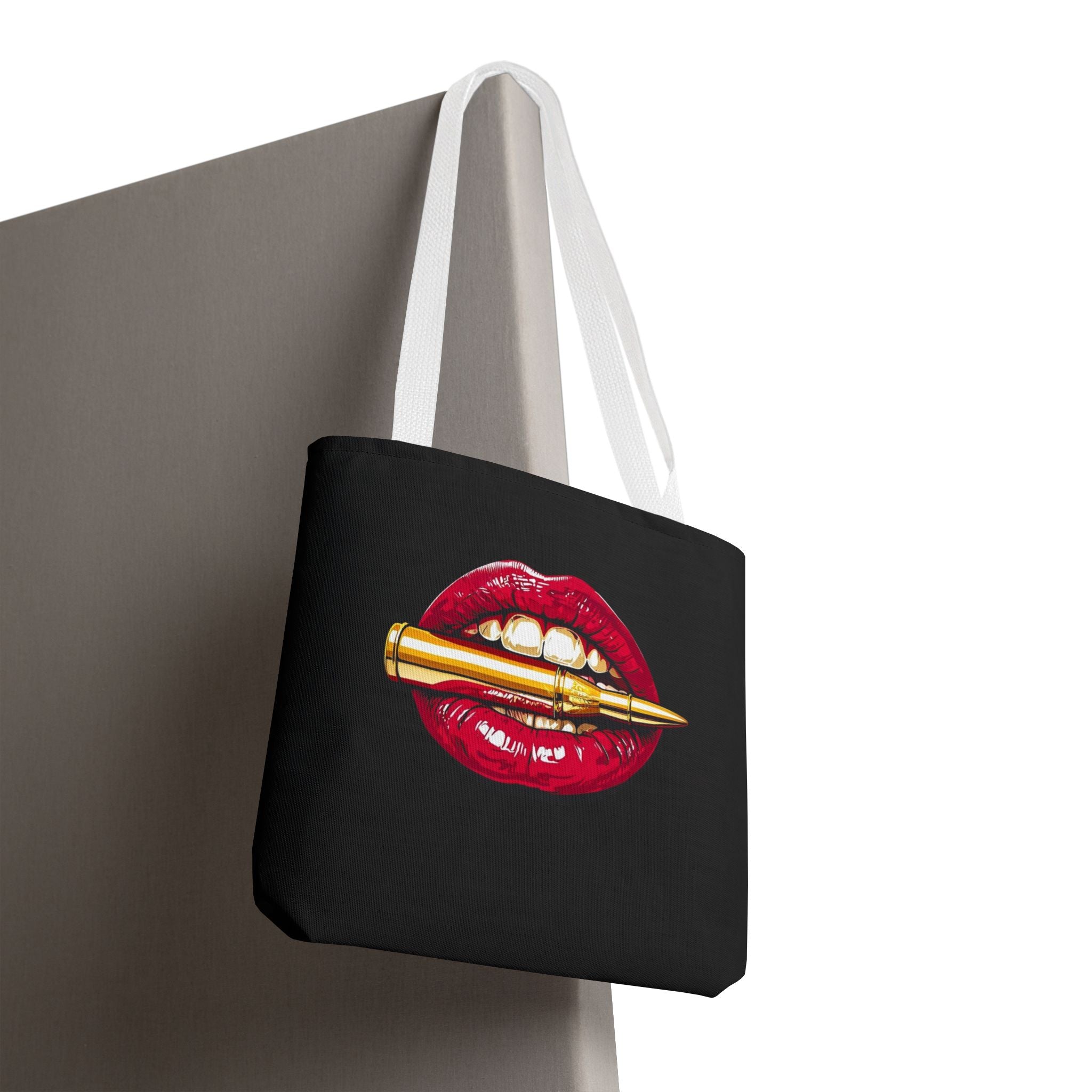 Bullet Bite Tote Bag – Edgy Red Lip Art Tote