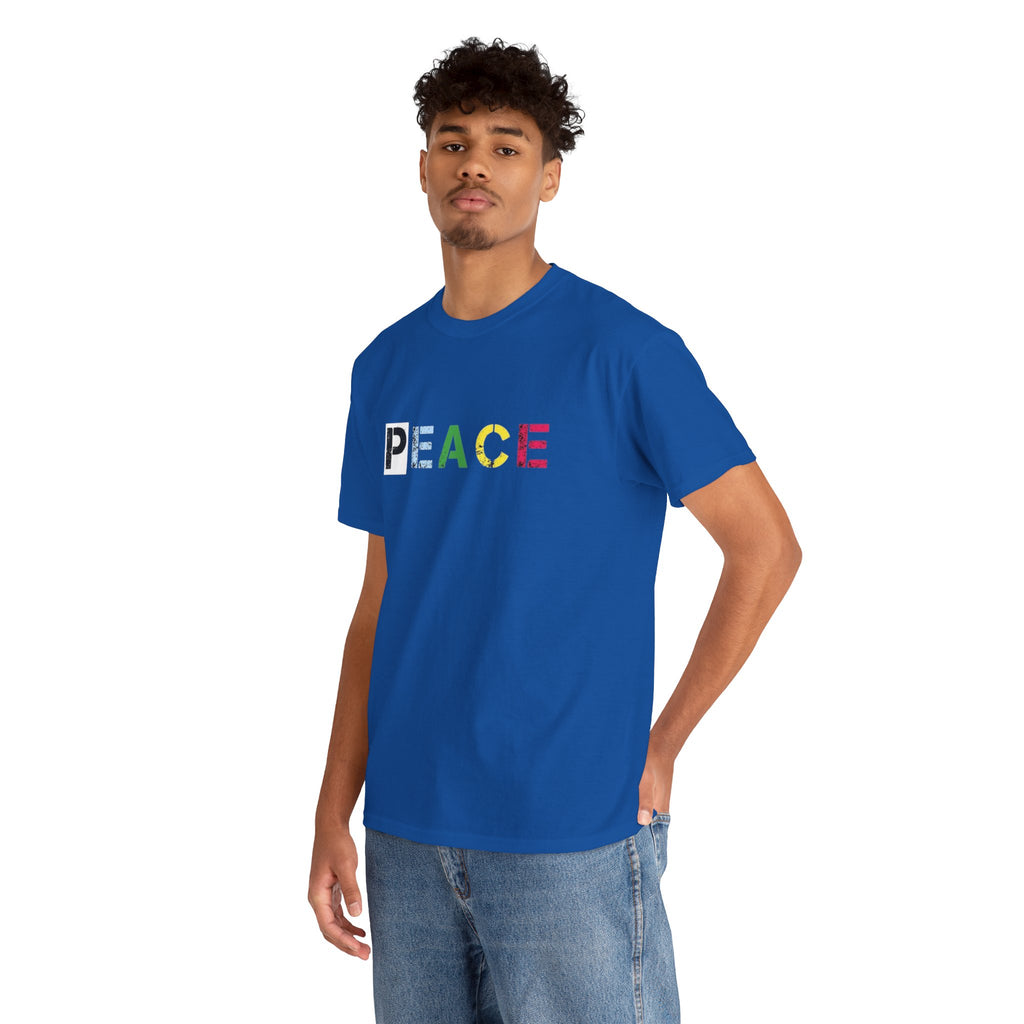 Peace Rainbow Tee — Minimalist Colorful PEACE Graphic T-Shirt