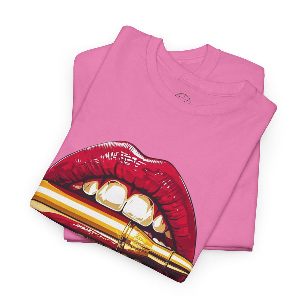 Red Lips Holding Bullet T-Shirt | Edgy Tattoo Style, Graphic Tee