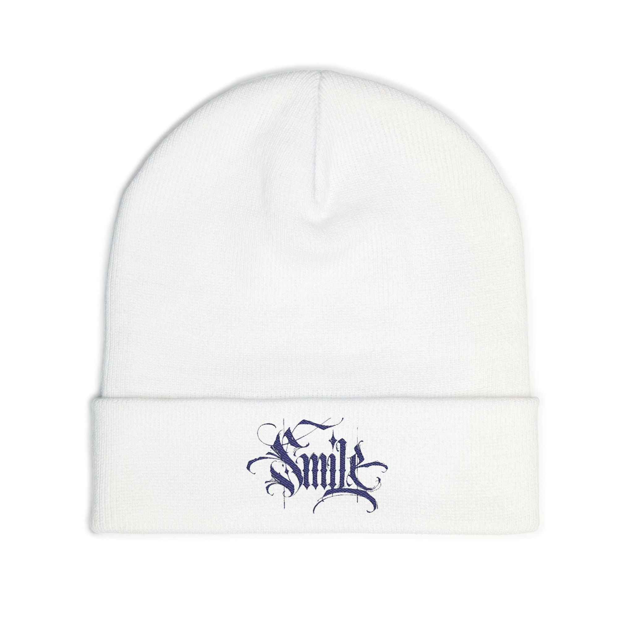 Embroidered 'Smile' Knit Beanie — Gothic Script Winter Hat