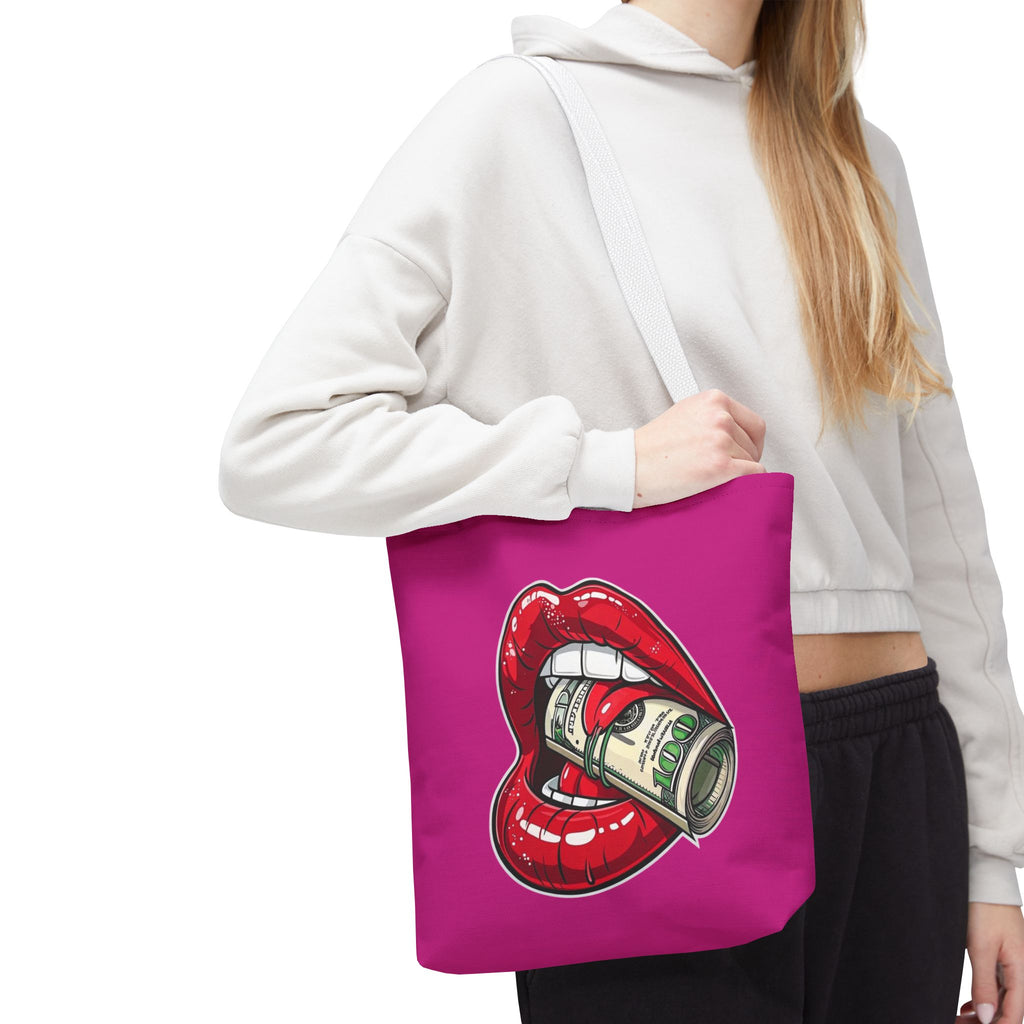 Pink Statement Tote Bag — Red Lips Holding Money Graphic