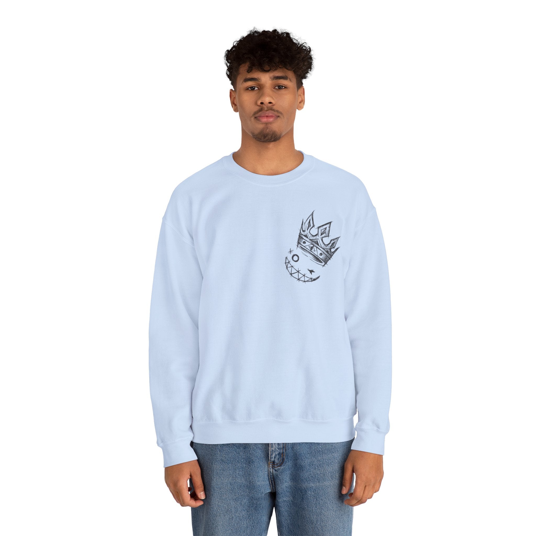 Crowned Grin Crewneck Sweatshirt — Sketch Crown Smile Graphic