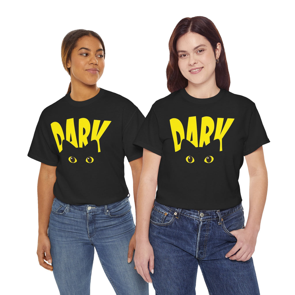 Dark Cat Tee — Yellow 'DARK' Drip Design with Cat Eyes (Halloween & Goth Shirt)