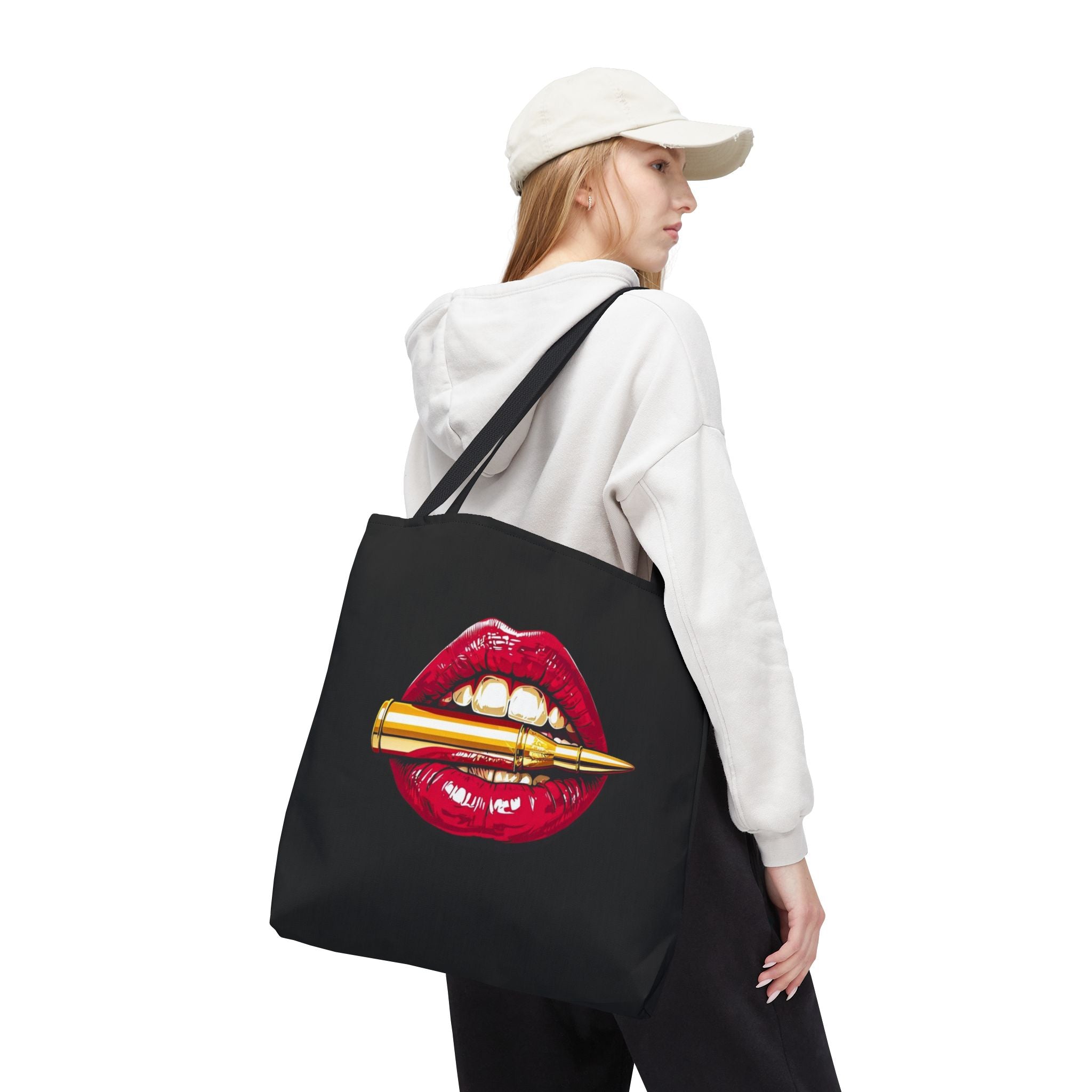 Bullet Bite Tote Bag – Edgy Red Lip Art Tote