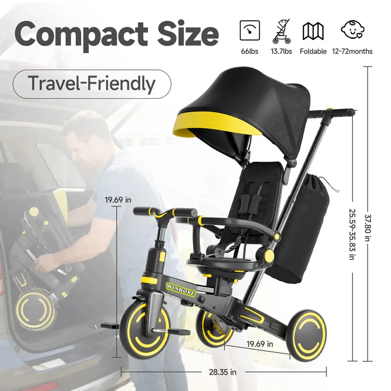 9-in-1 Toddler Tricycle | Anti-Tip Chassis + Easy Folding | Shock-Absorbing PU Wheels