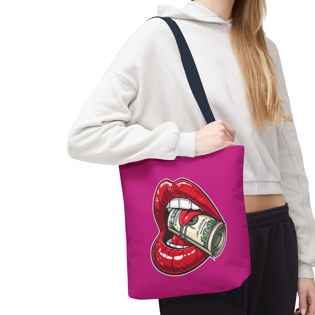 Pink Statement Tote Bag — Red Lips Holding Money Graphic