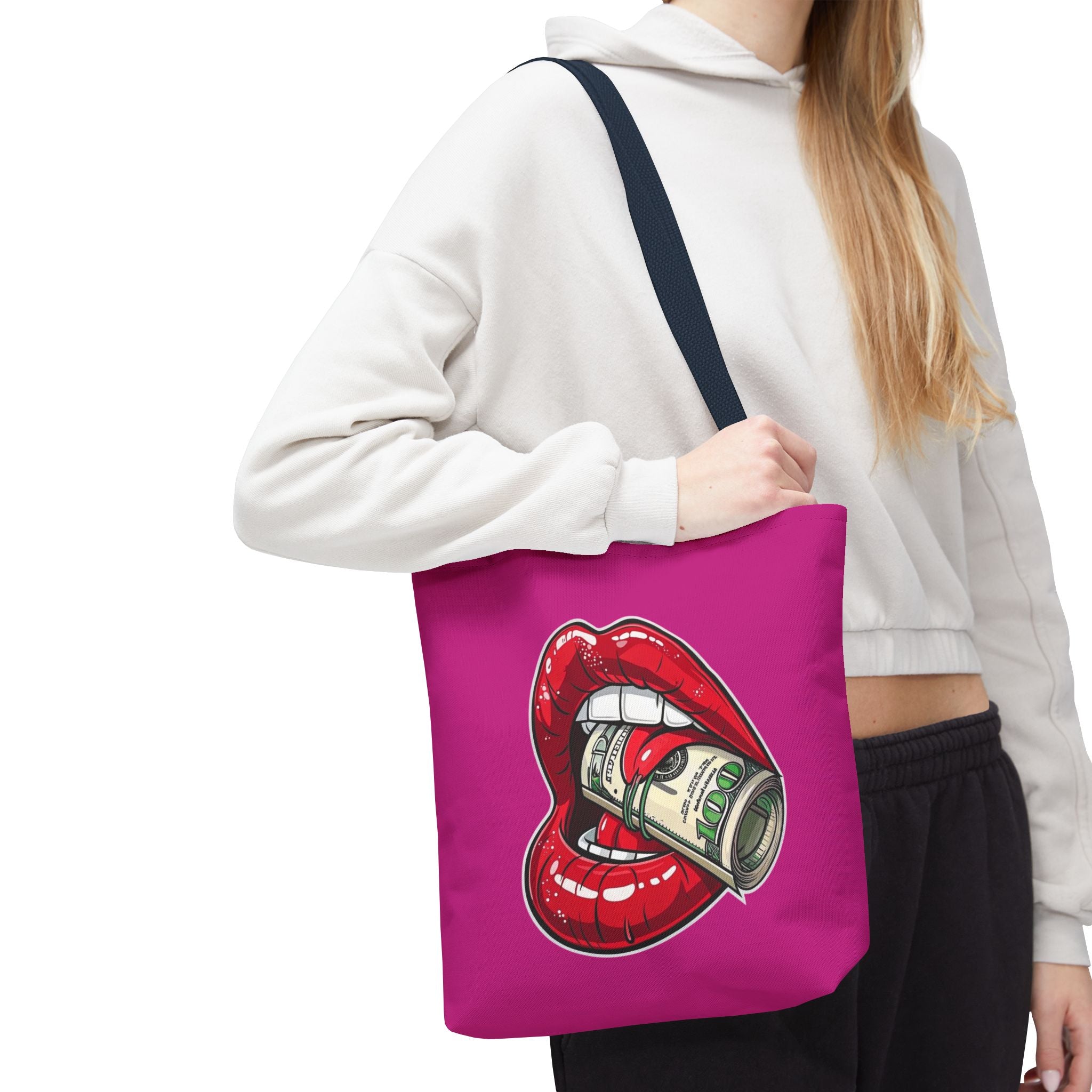 Pink Statement Tote Bag — Red Lips Holding Money Graphic