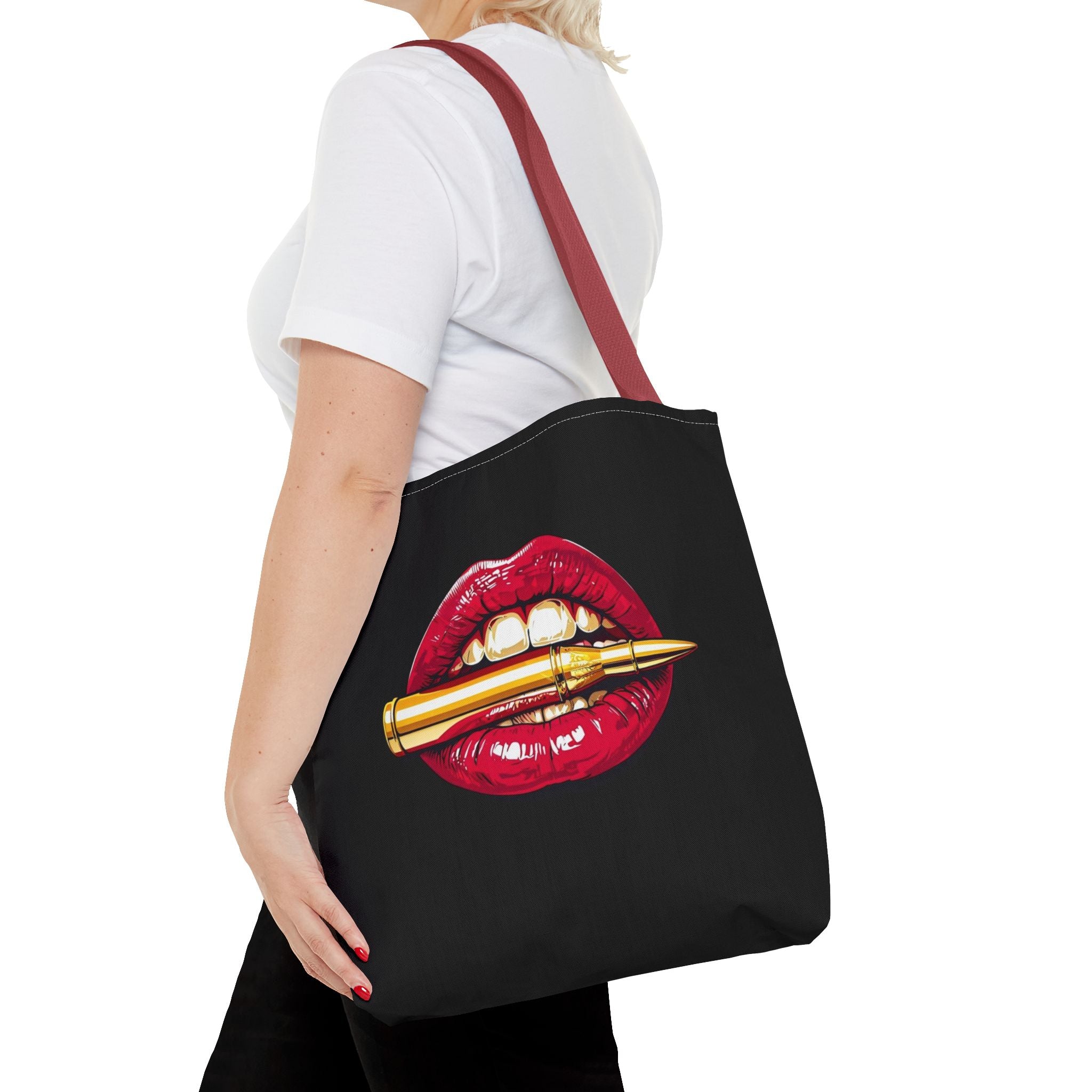 Bullet Bite Tote Bag – Edgy Red Lip Art Tote