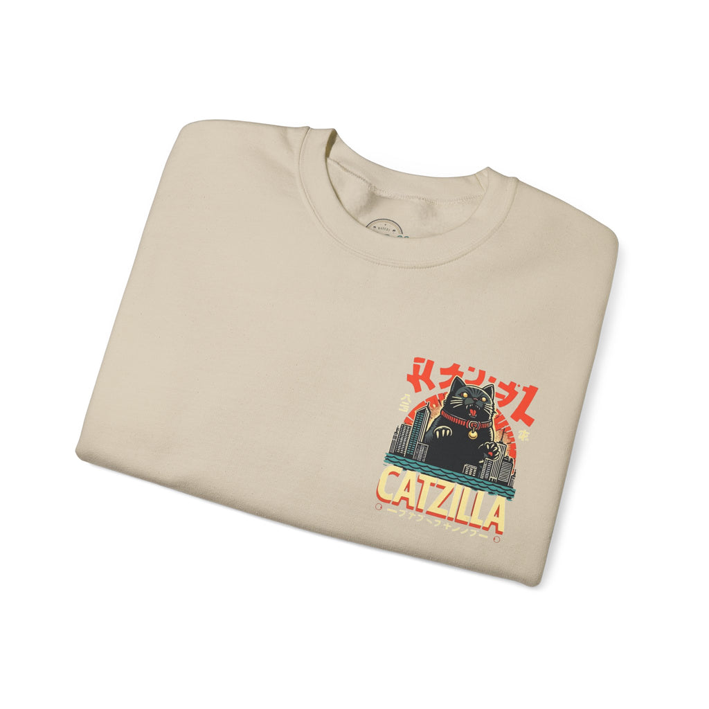 Catzilla Crewneck Sweatshirt — Retro Maneki-Neko Monster Graphic