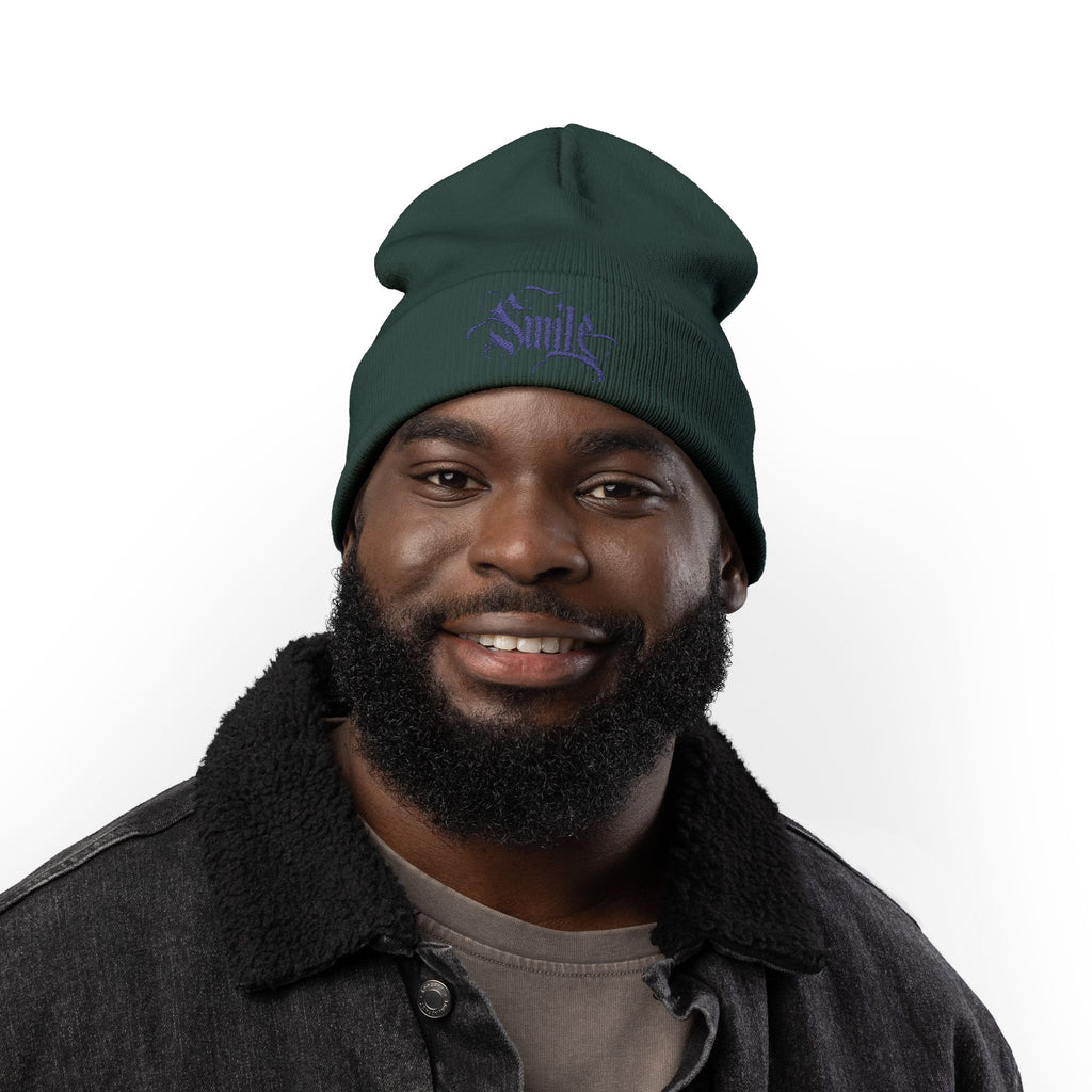 Embroidered 'Smile' Knit Beanie — Gothic Script Winter Hat