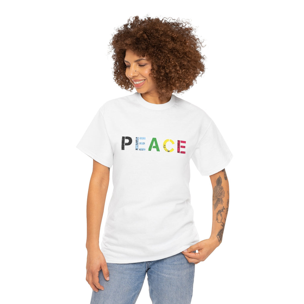 Peace Rainbow Tee — Minimalist Colorful PEACE Graphic T-Shirt