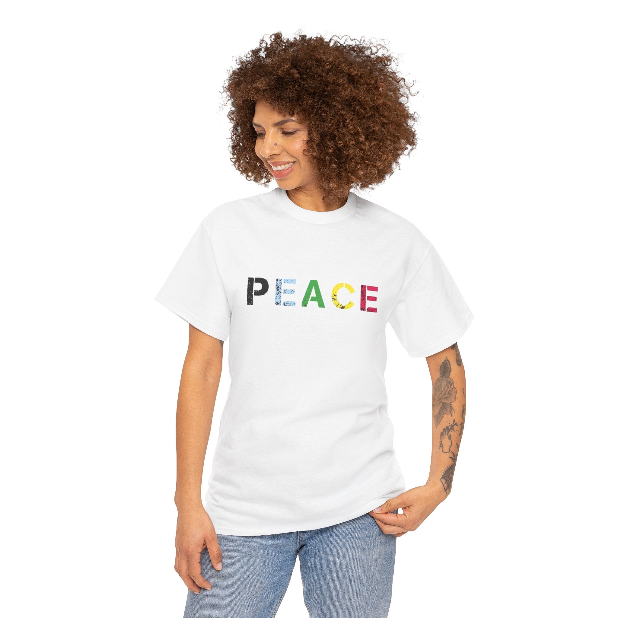 Peace Rainbow Tee — Minimalist Colorful PEACE Graphic T-Shirt