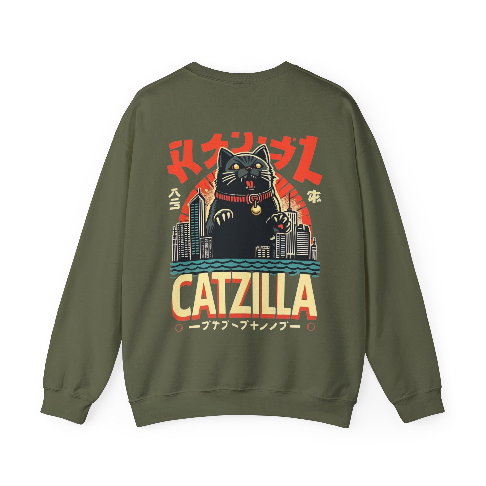Catzilla Crewneck Sweatshirt — Retro Maneki-Neko Monster Graphic