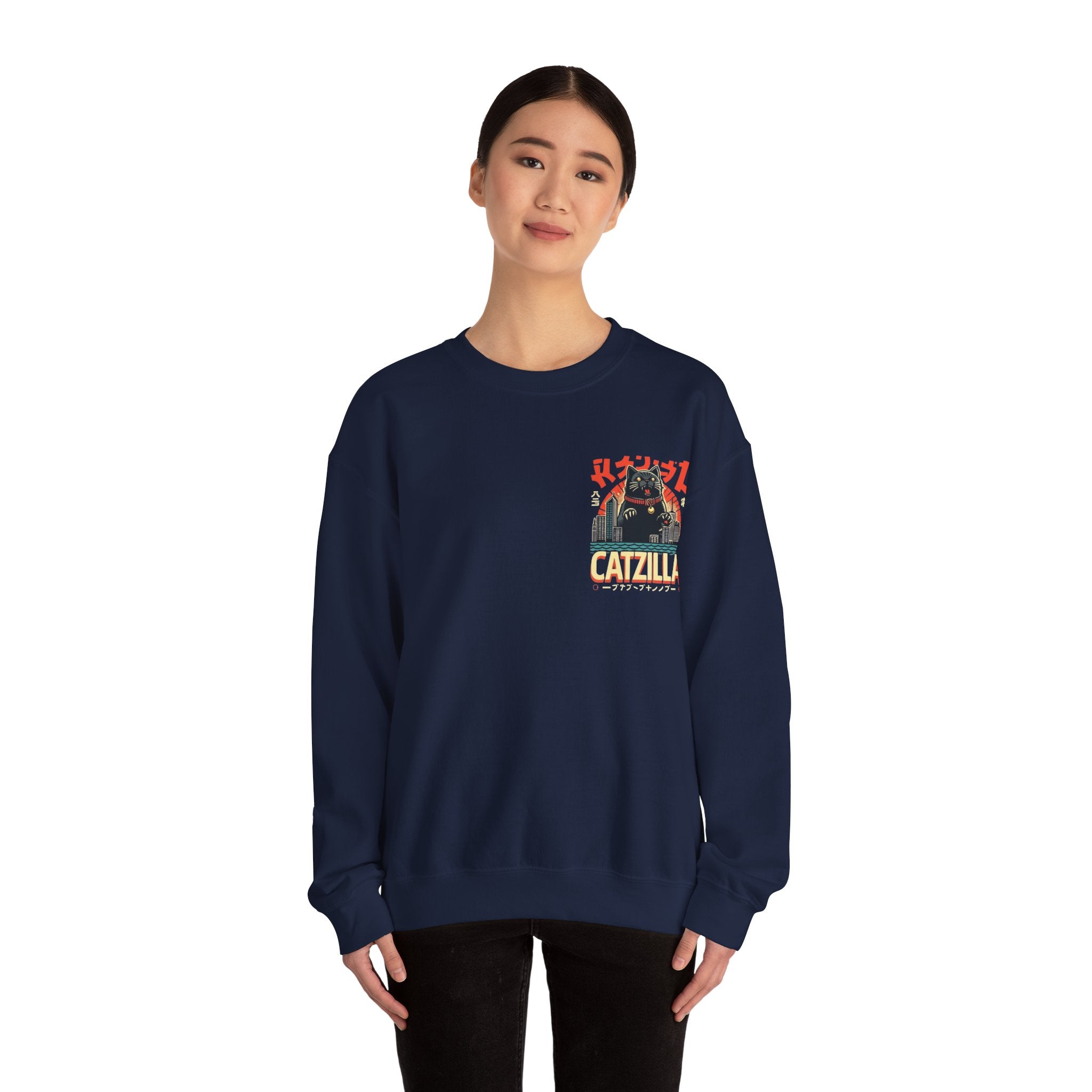Catzilla Crewneck Sweatshirt — Retro Maneki-Neko Monster Graphic