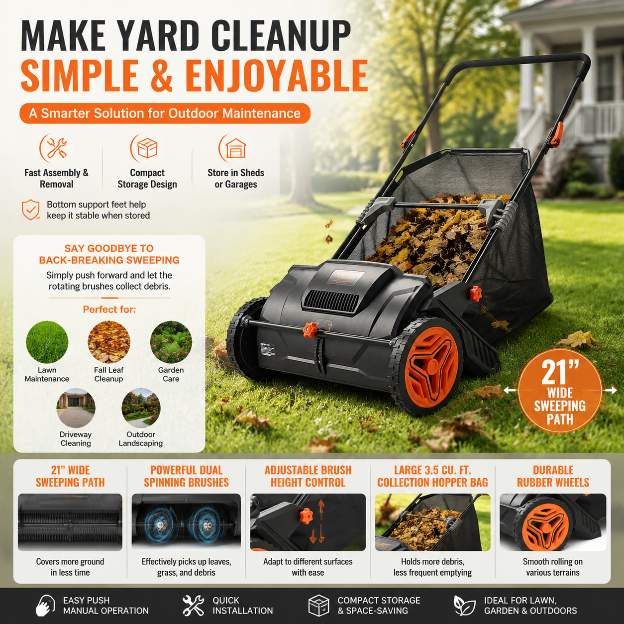 🔥 Summer Sale-Push Lawn Sweeper–Upgraded Version 26-Inch Leaf & Grass Collector with Large Hopper Bag 🌿