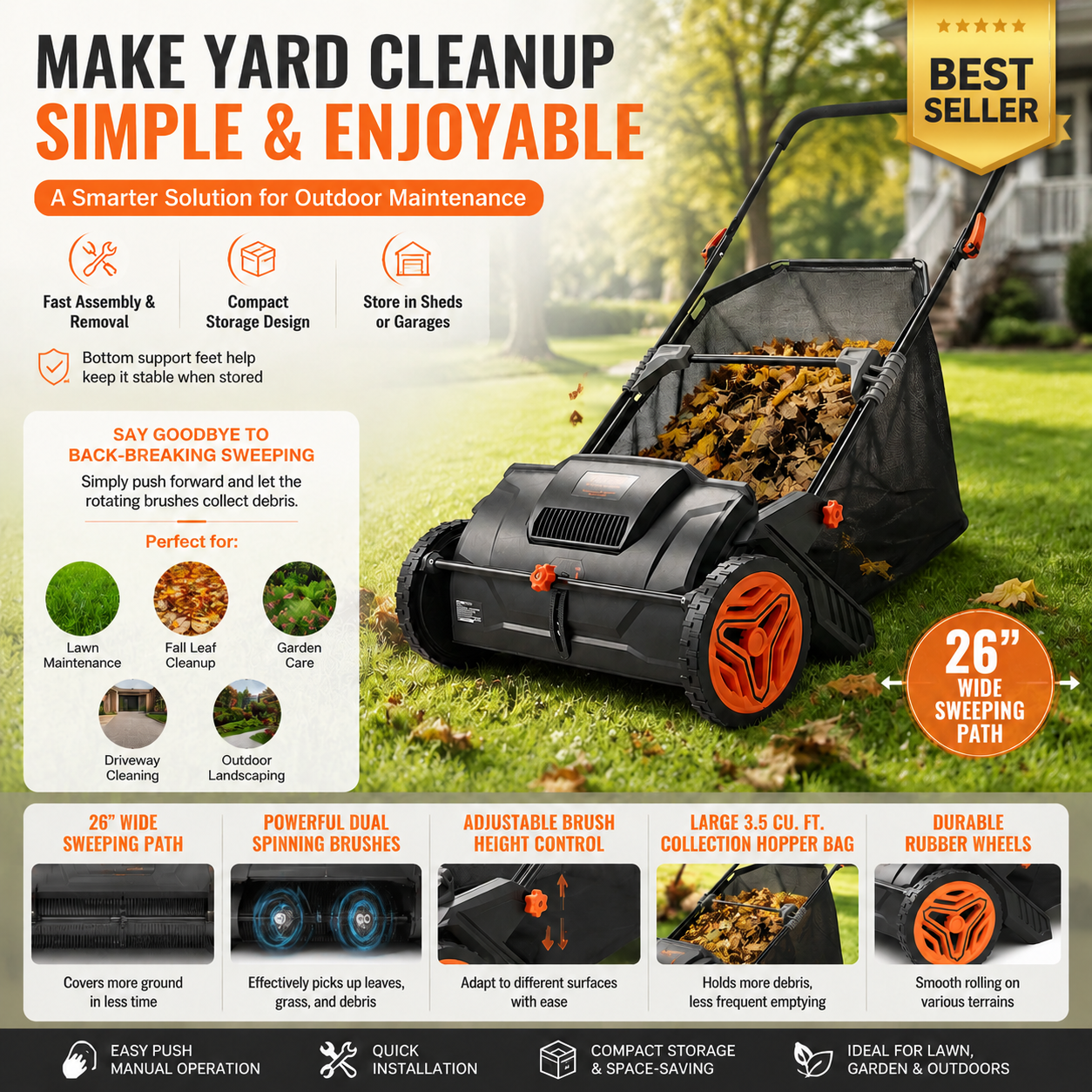🔥 Summer Sale-Push Lawn Sweeper–Upgraded Version 26-Inch Leaf & Grass Collector with Large Hopper Bag 🌿